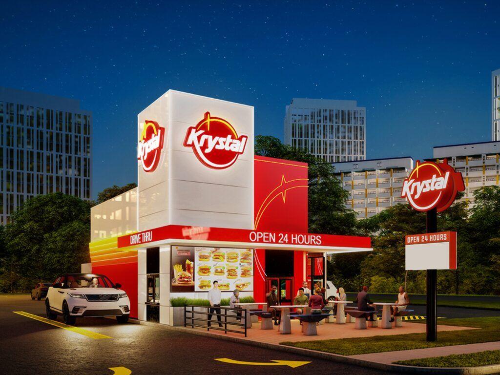 Krystal Franchise Exterior lit up at night